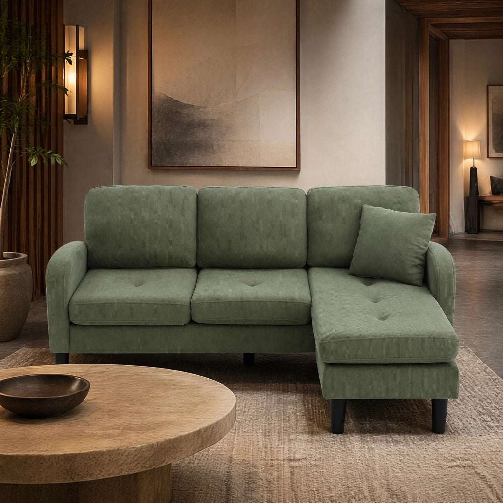 Divano angolare reversibile 3 posti con chaise longue modulare per soggiorno, in corda e schiuma, Verde