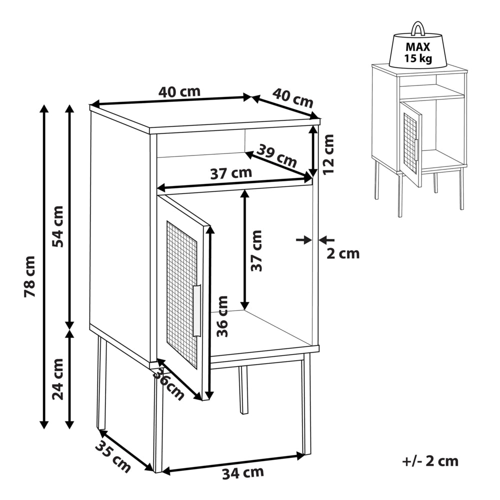 Comodino Moderno con Anta in Rattan Naturale 77 x 40 cm Legno Chiaro