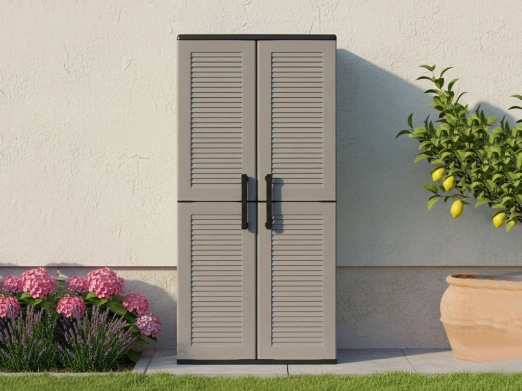 Armadio multiuso da esterno o Akina, Mobile a 2 ante e 3 ripiani regolabili in polipropilene, 100% Made in Italy, cm 68x37h163, colore Grigio