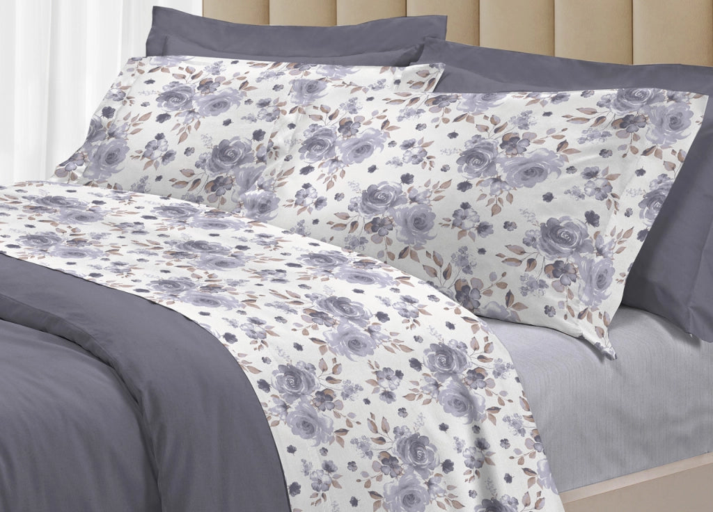 Completo Lenzuola Letto 100% Cotone Italy 3027 Disegno Rosa - Singolo - Grigio