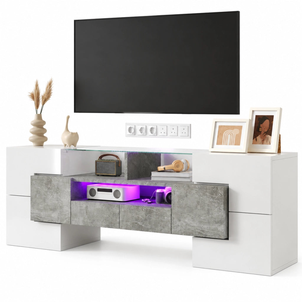 Mobile TV 145x30x51 cm; LED multicolore e grande capienza; pannello truciolare; bianco