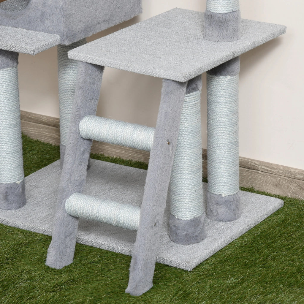 Tiragraffi per Gatti Multilivello con Casetta e Piattaforme ¨C Zephmum ¨C Grigio, Corda di Juta, 61x40x124