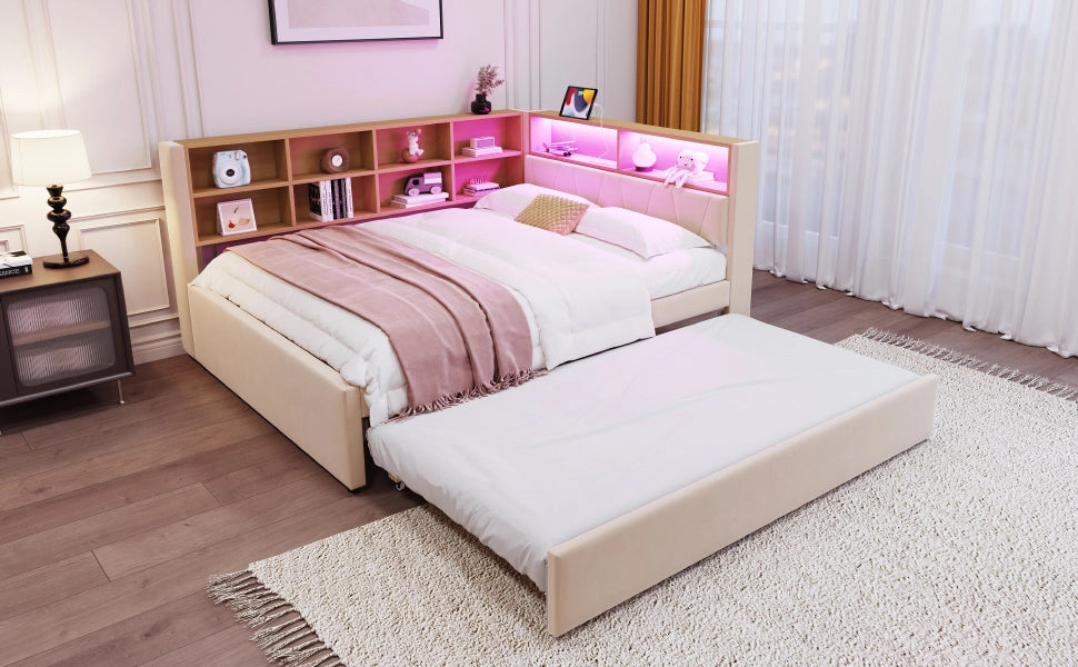 DESMIU Divano letto 140 × 200 cm 2 posti con letto estraibile 90 × 190 cm, LED, USB, tipo C e presa, senza materasso, beige