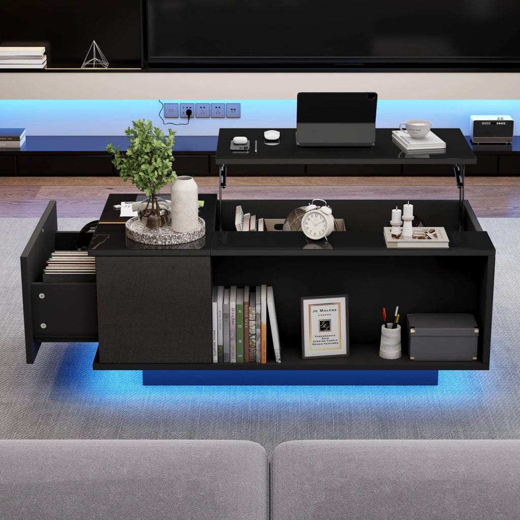 Tavolino da Salotto Reclinabile Idraulico con 1 Cassetto; Vano Nascosto e LED Bluetooth; Lucido; in Pannelli di Truciolare; 100×50×40 cm; Nero