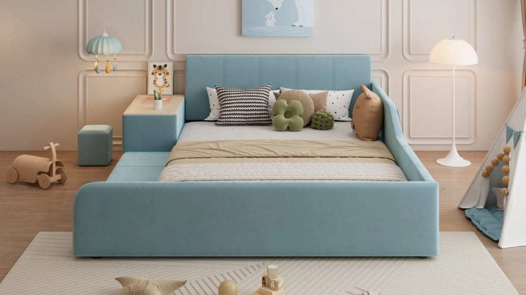 Letto singolo imbottito con scrivania laterale e sgabello, 140x200 cm, velluto blu