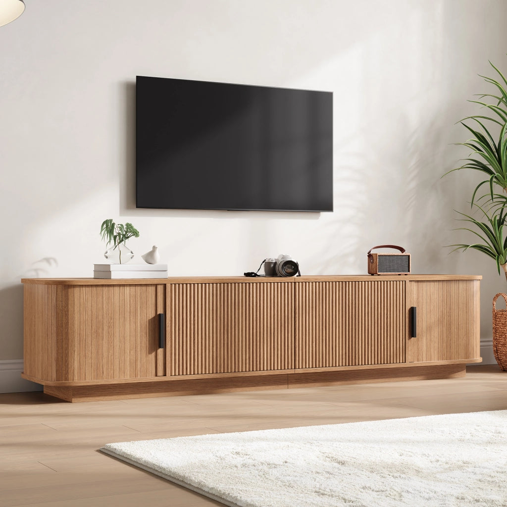 Mobile porta TV con LED, 2 cassetti e 2 ante scorrevoli, per soggiorno, in MDF e PB, naturale, 180 × 40 × 40 cm