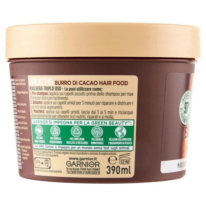 GARNIER FRUCTIS HAIR FOOD BURRO DI CACAO RIGENERANTE MASCHERA PER CAPELLI SECCHI E RICCI SENZA SILICONI 390 ML