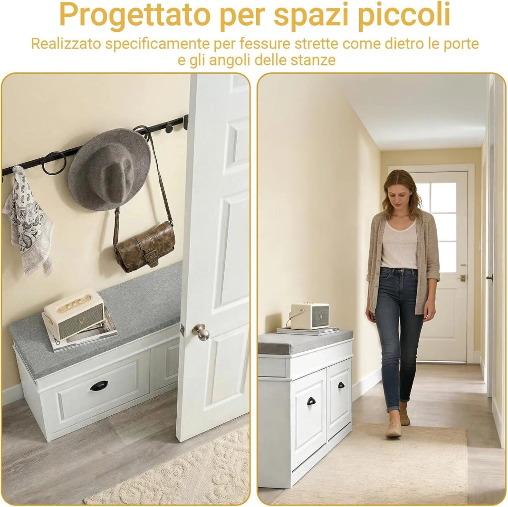 Scarpiera Salvaspazio Slim con Seduta Panca Scarpiera da Ingresso Contenitore in Legno Mobile Ingresso per Scarpe, 104x24x54cm Effetto Legno Invecchiato Bianco FSR64-WG