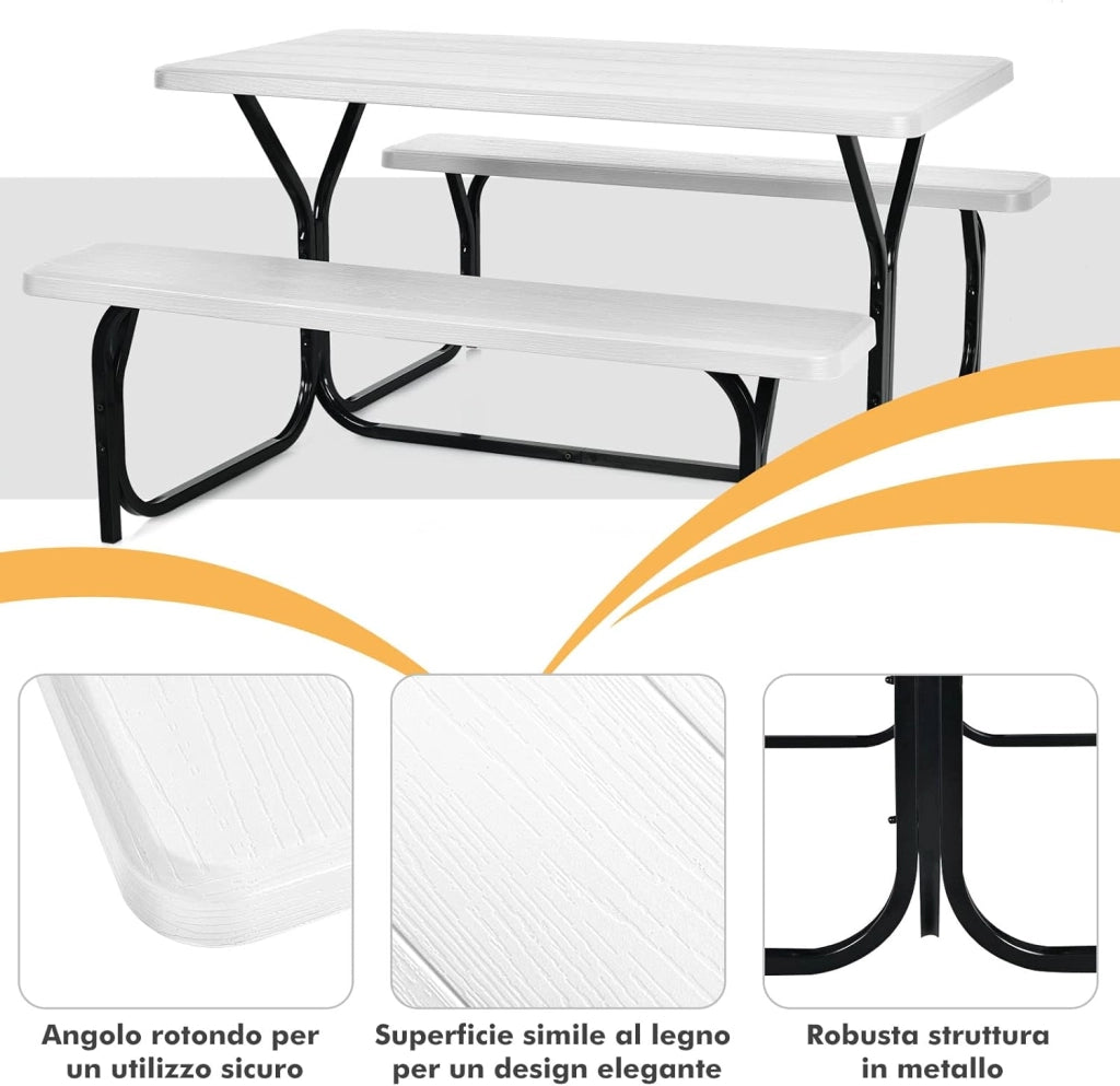 Tavolo da Campeggio con Sedie, da 4 Posti, 137 x 150 x 72cm, Set Tavolino Picnic HDPE Struttura in Metallo, per Picnic Cortile Barbecue (bianco)