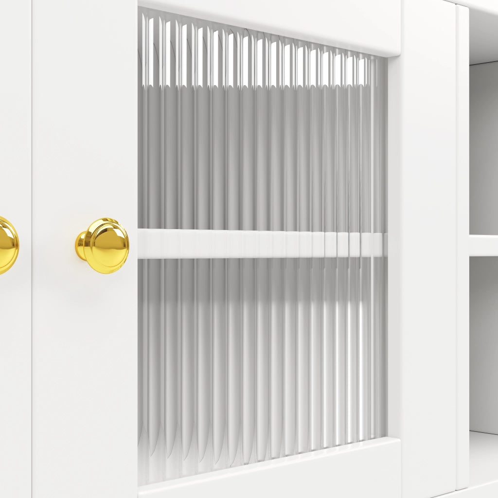 Credenza Alta da Cucina con Ante in Vetro Rigato; Cassetti e Portabottiglie; in MDF; 145x39x171 cm; Bianco