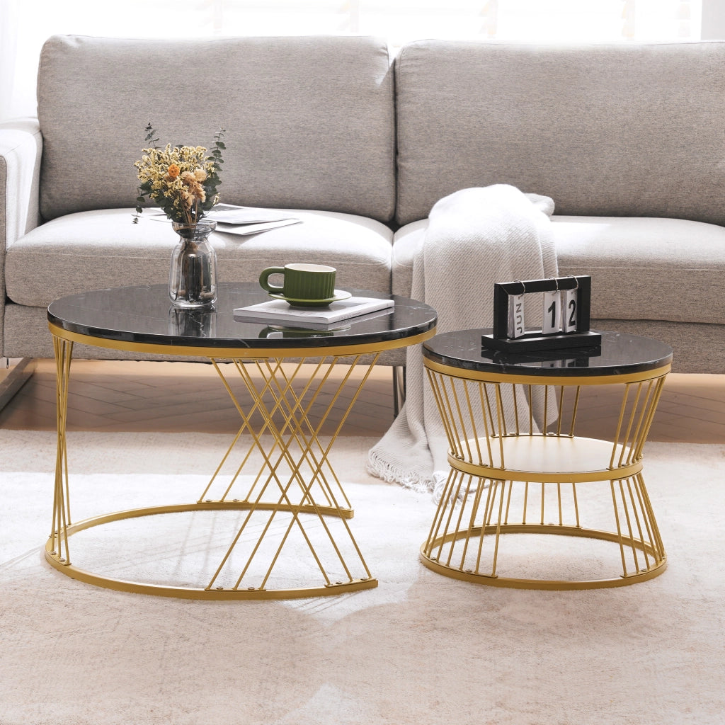 Tavolini da salotto 70x70x47 cm e 45x45x40 cm; set impilabile effetto marmo; MDF nero