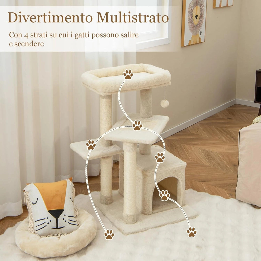 Albero per Gatti a 4 Piani, Torre con Tiragraffi, Nicchia per Gatti, Pallina di Peluche con Sonagli, Piattaforma per Saltare, Albero Tiragraffi per Animali Domestici (Beige)