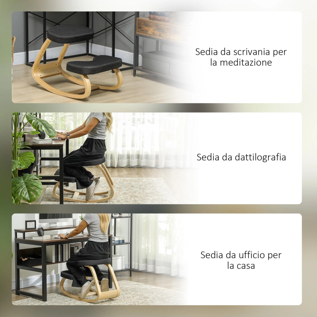 Sedia Inginocchiatoio con Movimento a Dondolo 50x73x55 cm in Tessuto Effetto Lino e Legno di Betulla Nero