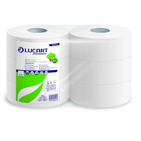 Carta igienica lucart eco 360 m jumbo 2 veli 6 rotoli da 973 strappi - 812173p - 114388