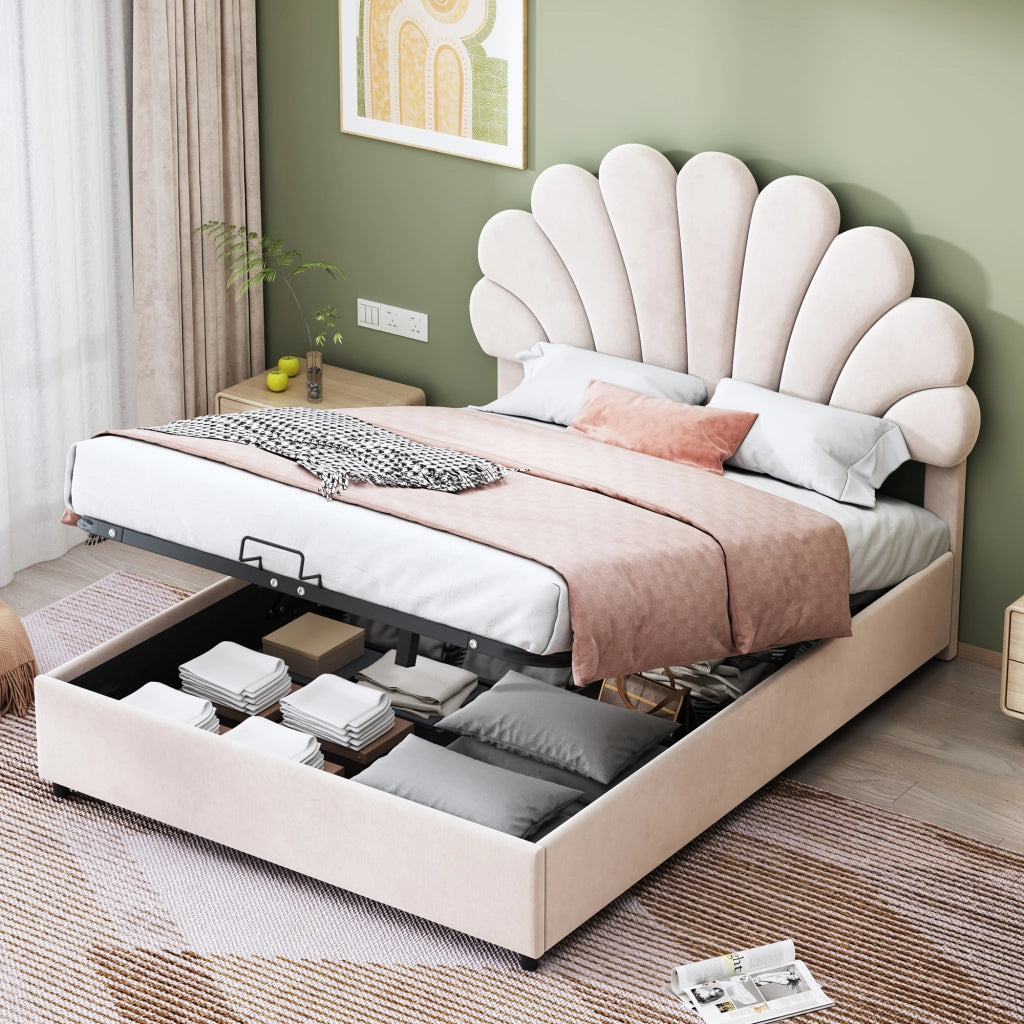 Letti contenitori 140x200 cm; contenitore idraulico; velluto; beige (Senza materasso)