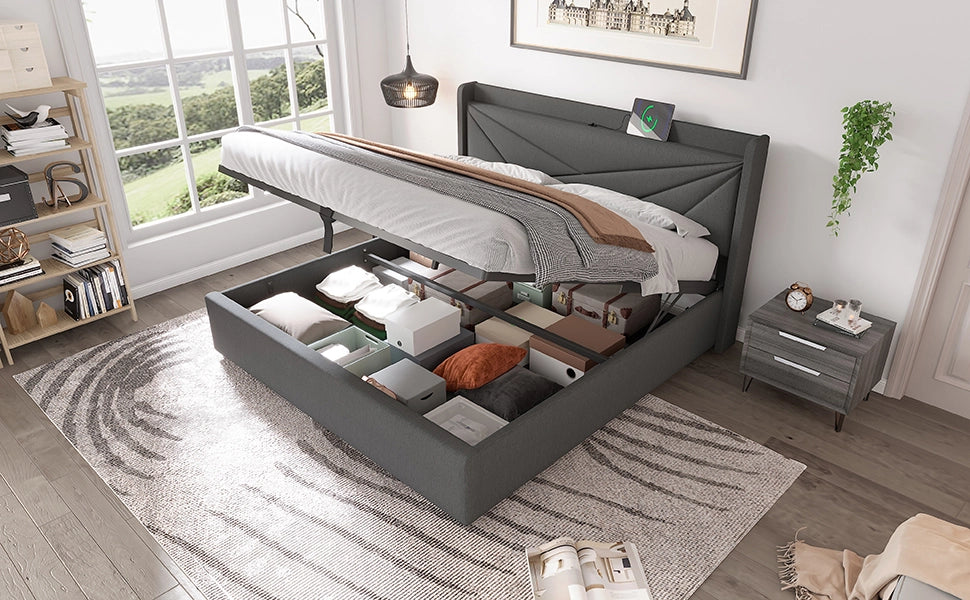 DESMIU Letto Contenitore Letto Matrimoniale con USB, Tipo-C e Vano 180 × 200 cm senza materasso Grigio