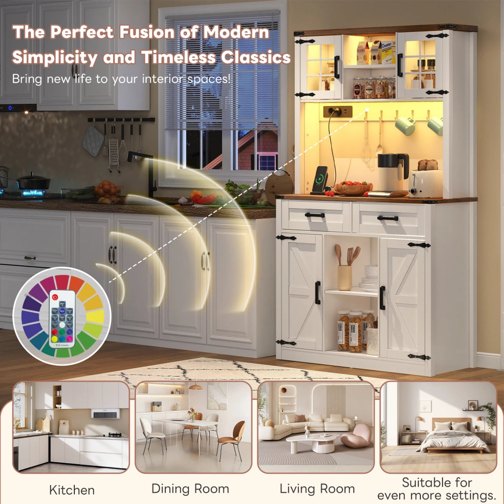 Mobile bar da cucina con LED regolabile; prese e ripiani regolabili in MDF marrone e bianco
