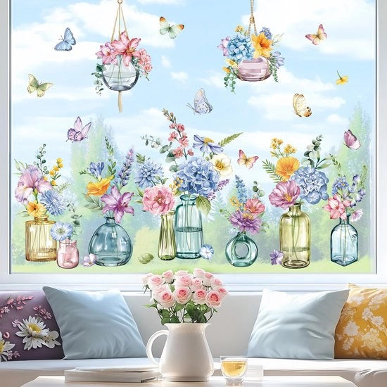 Decalcomanie per finestre Stickers per giardino di inverno Fiori Stickers per piante da appartamento Fiori Piante da appendere Fiori Farfalle Strisce di protezione per vetro Decorazione per finestre Stickers