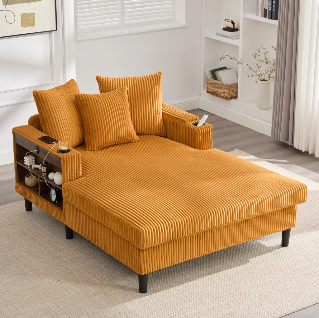 Chaise longue in velluto a coste giallo senape con LED e USB