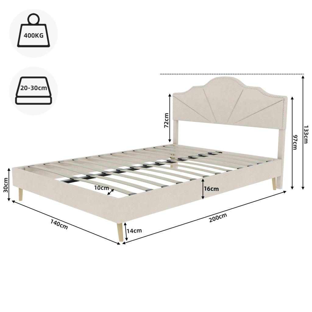 Letto Matrimoniale 140x200 cm con Testiera Imbottita e Rete a Doghe in Tessuto Beige