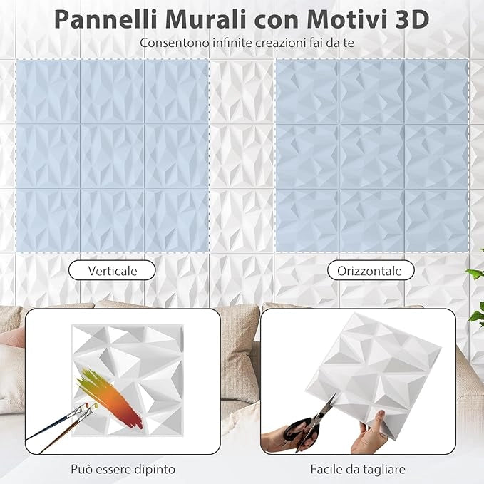 50 Pezzi 3D Pannelli Murali 30 x 30 cm, Pannello da Parete 3D Diamante, Decorazione Interna da Parete in PVC, 4,5 m², per Soggiorno Camera da Letto (4,5㎡,Bianco)