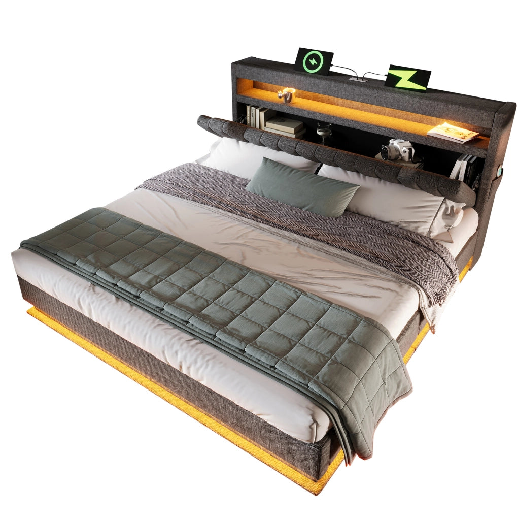 Letto matrimoniale 140x200 cm in lino grigio con contenitore; LED; USB e materasso incluso