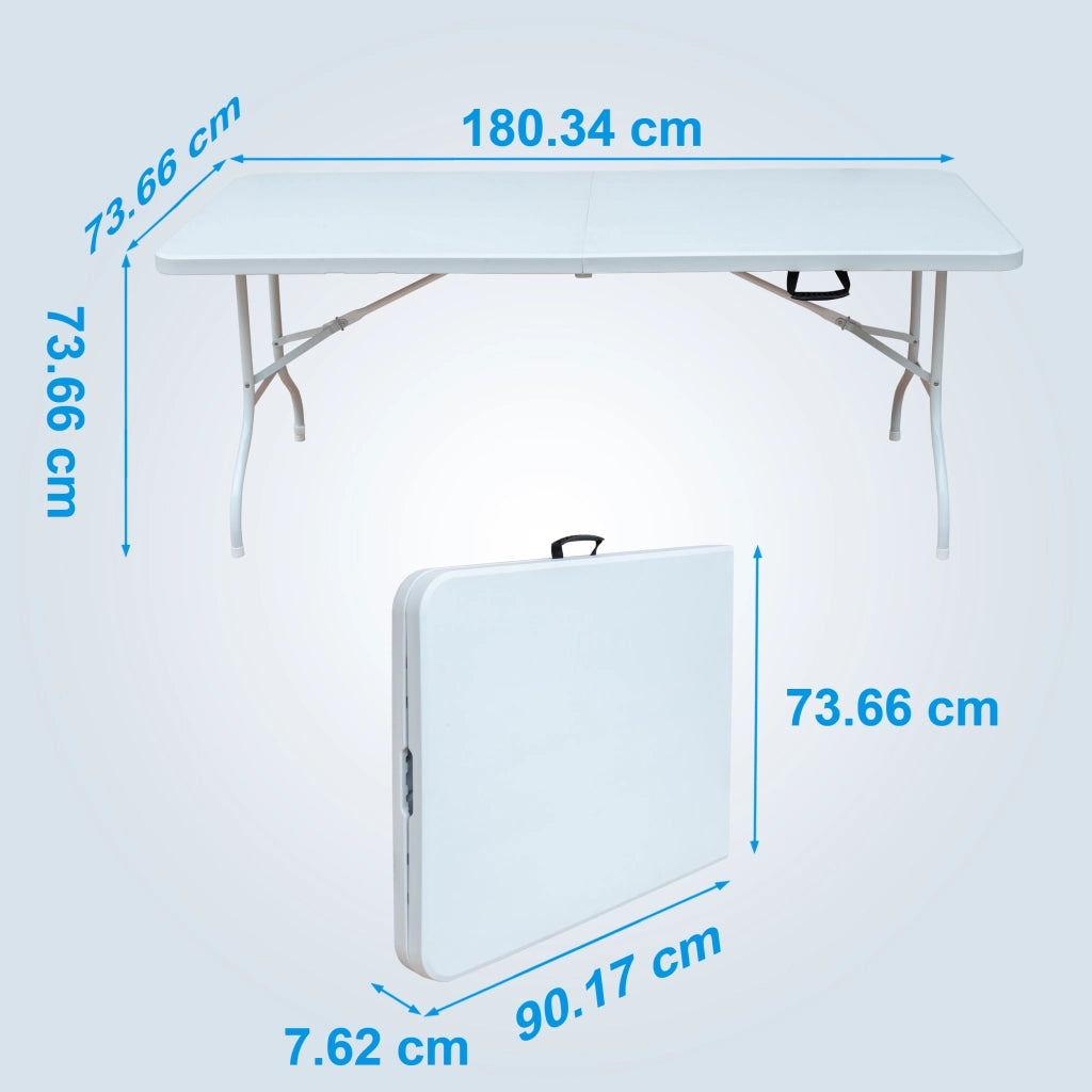 Tavolo pieghevole con struttura in ferro, piano in plastica, per esterno e casa, bianco, 180,34 × 73,66 × 73,66 cm