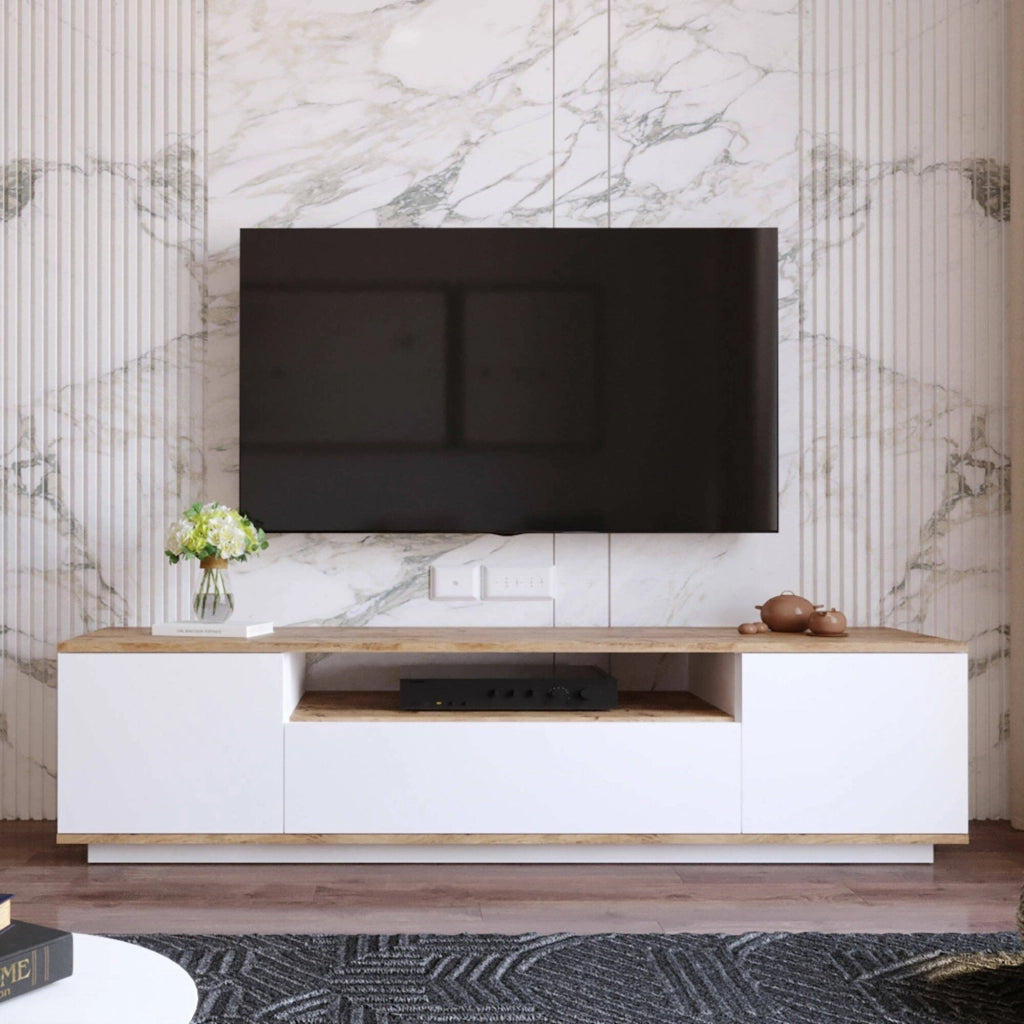 Mobile porta TV Asellina, Credenza da soggiorno, Armadio basso per TV, Base parete attrezzata, 180x45h45 cm, Quercia e Bianco