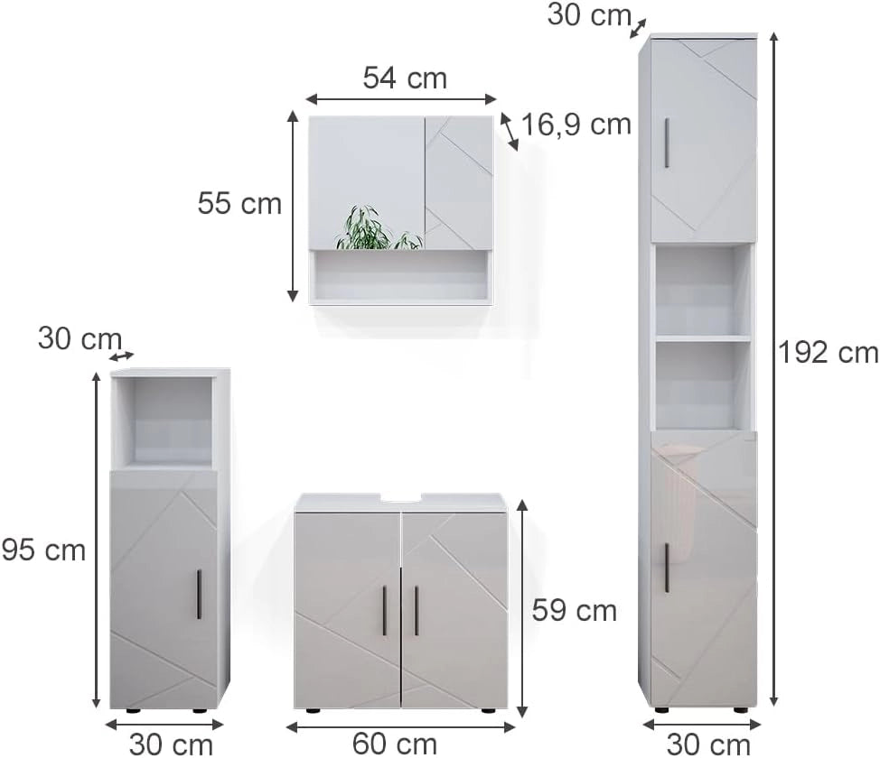 Set mobili bagno Irma, Bianco lucido, 80 cm, composto da mobile lavabo, pensile a specchio, colonna e base media