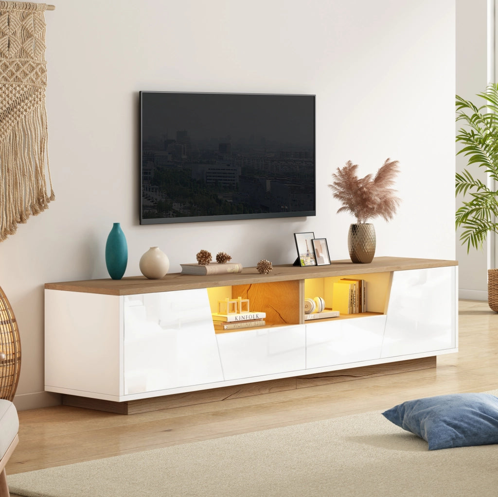 Mobile TV LED 180x40x46 cm bianco e legno con 2 ante e 2 cassetti