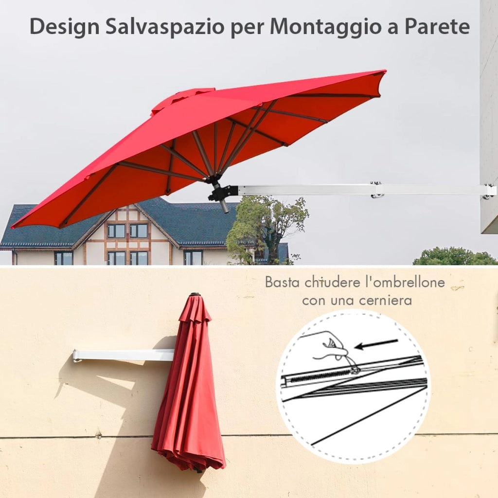 Ombrellone da Parete 247 cm, Ombrellone da Muro per Giardino con Angolo Regolabile, Parasole Esterno Pieghevole Anti UV, per Giardino, Balcone e Cortile (Rosso)