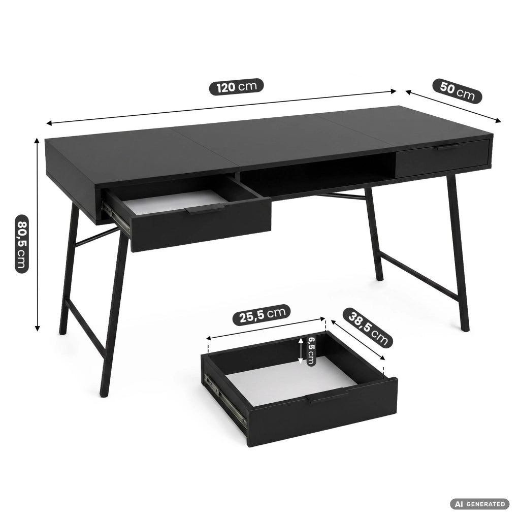 Scrivania industriale per computer Nera ARDEN 120 cm 2 cassetti 1 ripiano gambe nere