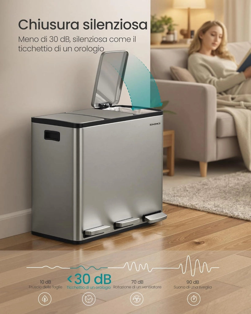 SONGMICS Pattumiera Cucina 3 x 18 L, Cestino per Raccolta Differenziata 3 Scomparti, 15 Sacchetti, Secchi Rimovibili, Coperchio, Maniglie, Chiusura Morbida, Acciaio Inox, Argento LTB254EZ01