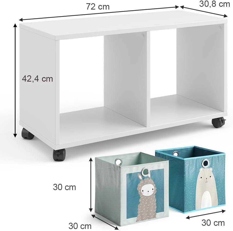 Libreria bambini, Bianco, 72 x 42.4 cm con 2 scatole pieghevoli, su ruote con due ripiani aperti