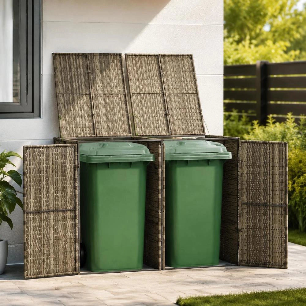 Bin Storage Unit For 2 Bins, Grey, 140x80x117 Cm, Poly Rattan