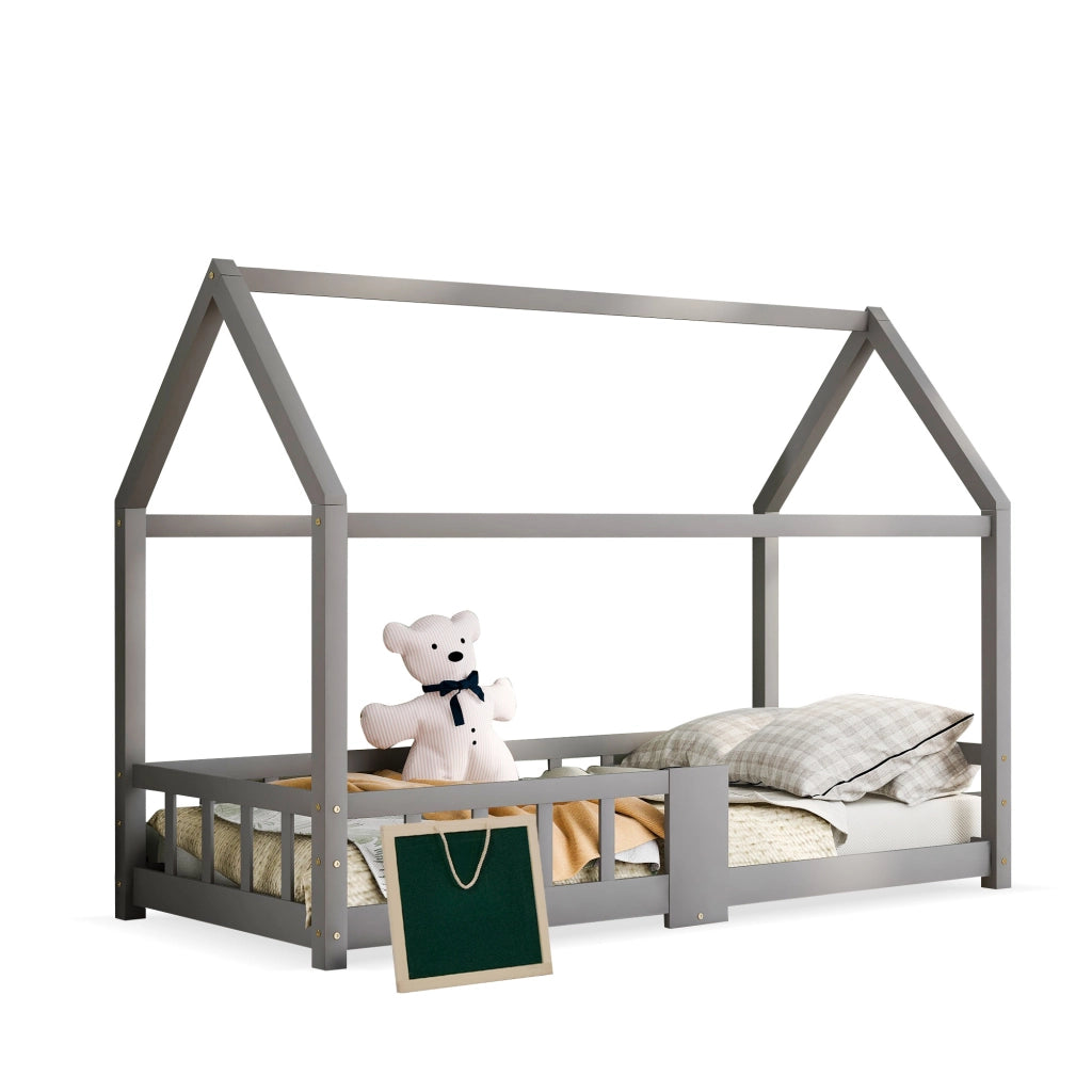 Letto Casetta 90×200 cm; Letto Singolo con Sponda di Sicurezza e Lavagna; senza Materasso; Grigio
