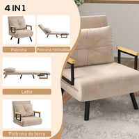 Poltrona Letto 3 in 1 con Schienale Reclinabile 63x73x81 cm e Cuscino in Tessuto Effetto Velluto Beige
