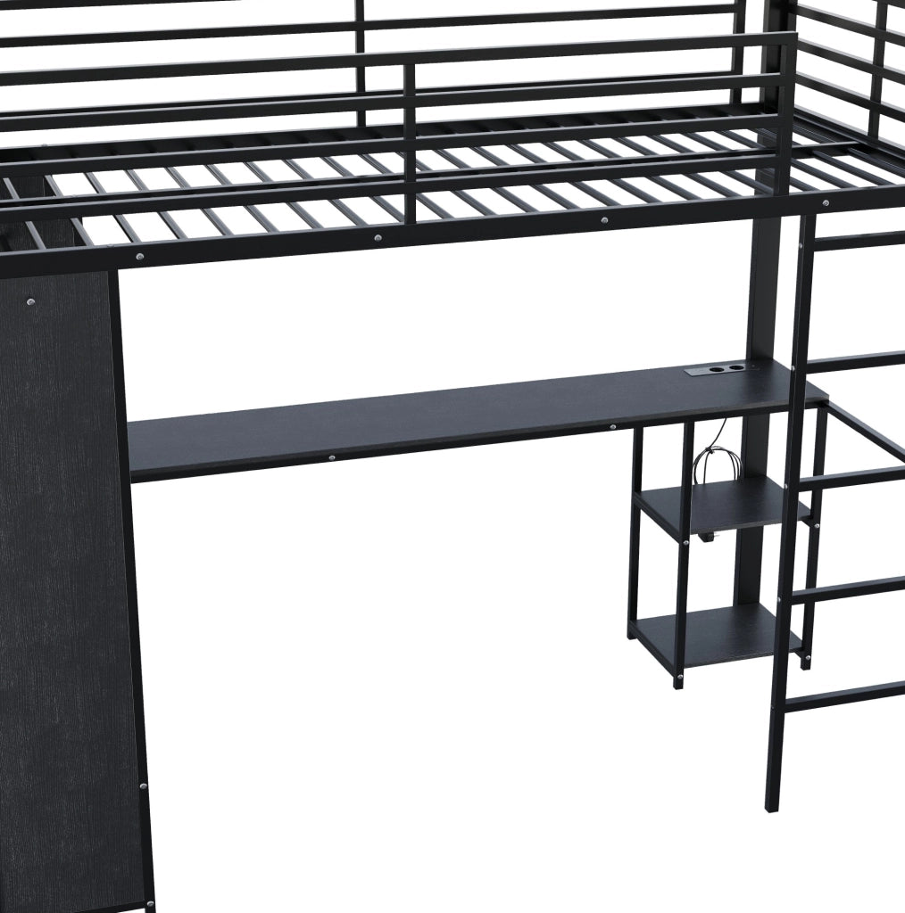 Letto a soppalco 90x200 cm in metallo e MDF nero con scrivania; LED e scaffali