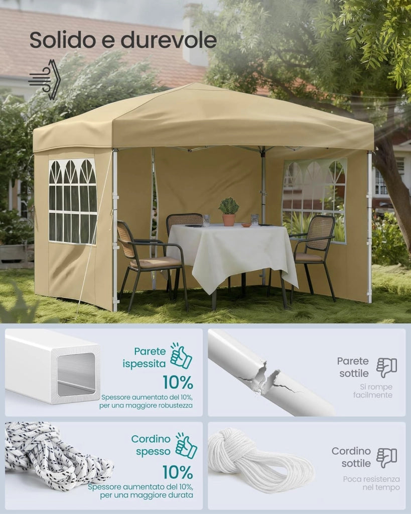 SONGMICS Gazebo, Tendone Pieghevole, Protezione Solare, Resistente alla Pioggia Leggera, Portatile, con Pareti Laterali, per Cortile, Giardino, Mercato, 3 x 3 m, Beige GCT104LZ01