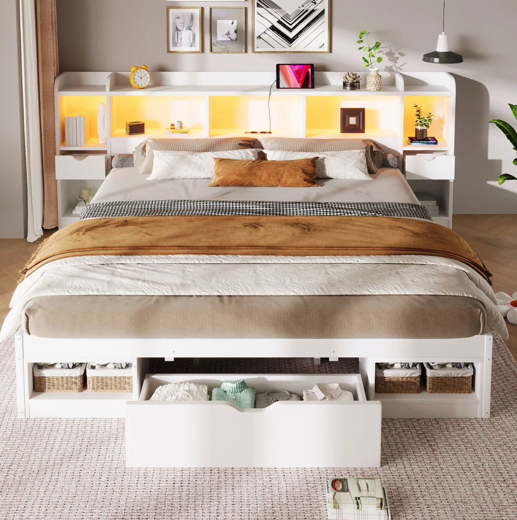 Letto a piattaforma 180x200 cm con cassetti e LED in MDF e compensato bianco