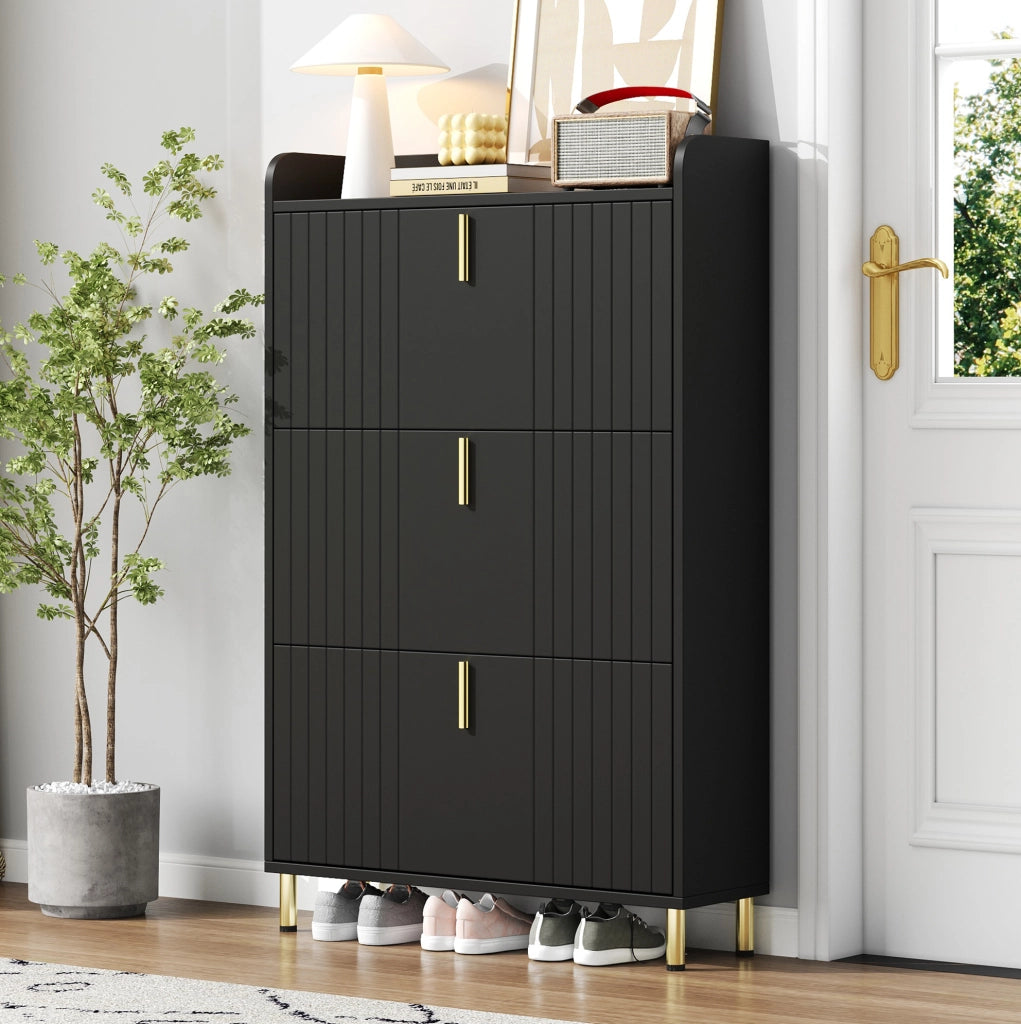 Armadio portascarpe a 3 ante ribaltabili 80x23x123;5 cm in MDF nero con dettagli dorati