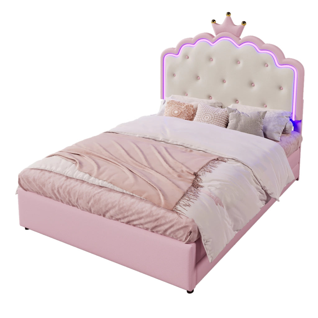 OKWISH Letto con Cassetti 140×200 cm, Letto Matrimoniale con LED Regolabile, Letto estraibile e 2 Cassetti, senza Materasso, in PU, Rosa
