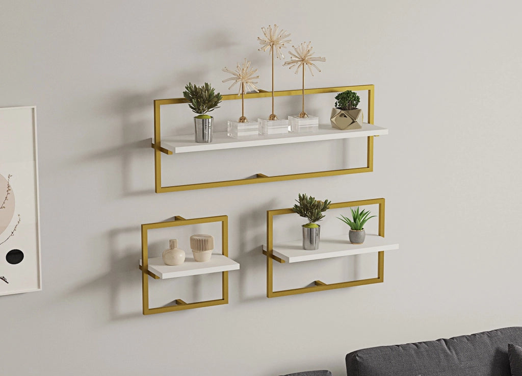 Mensola da parete in legno "Yeso" - 80 x 20 x 30 cm - Bianco, Oro