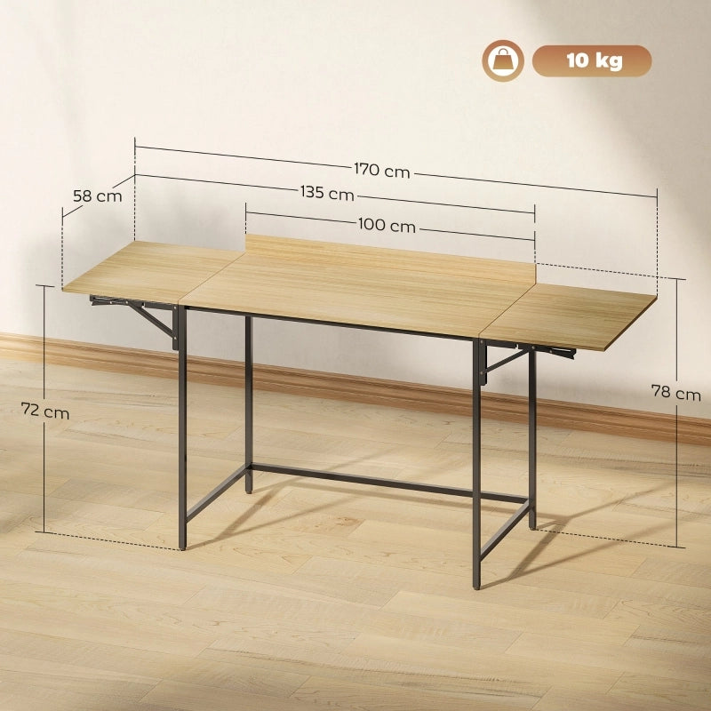 Scrivania pieghevole multifunzionale con 2 allunghe, gambe in metallo, per ufficio e studio, rovere, 170 × 58 cm