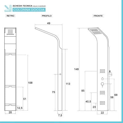 Pannello doccia idromassaggio in acciaio inox effetto cemento con 4 funzioni