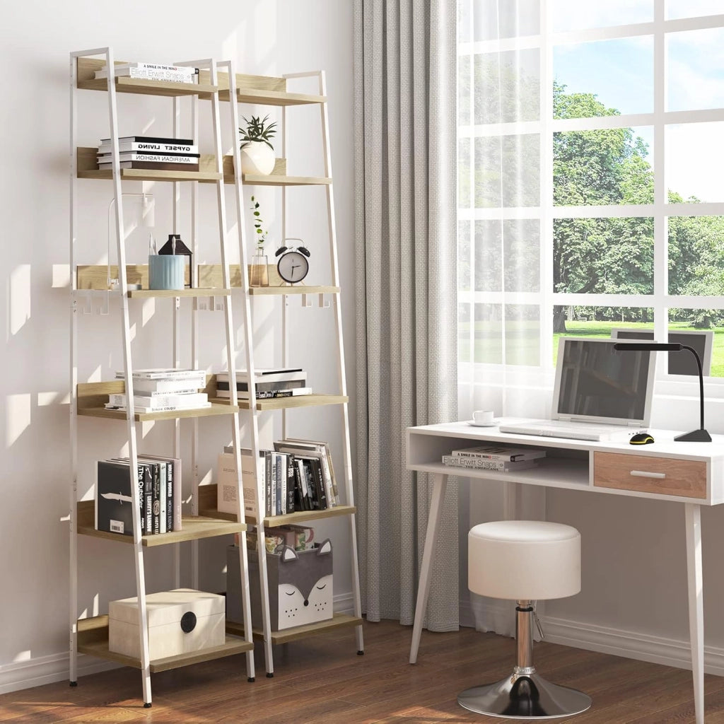 Libreria a 6 Ripiani, Scaffale con 4 Ganci Industriale, Scaffale a Scala in MDF e Metallo per Soggiorno, Cucina, Studio, Ufficio,Bianco, 41x36x187cm RGB30whe