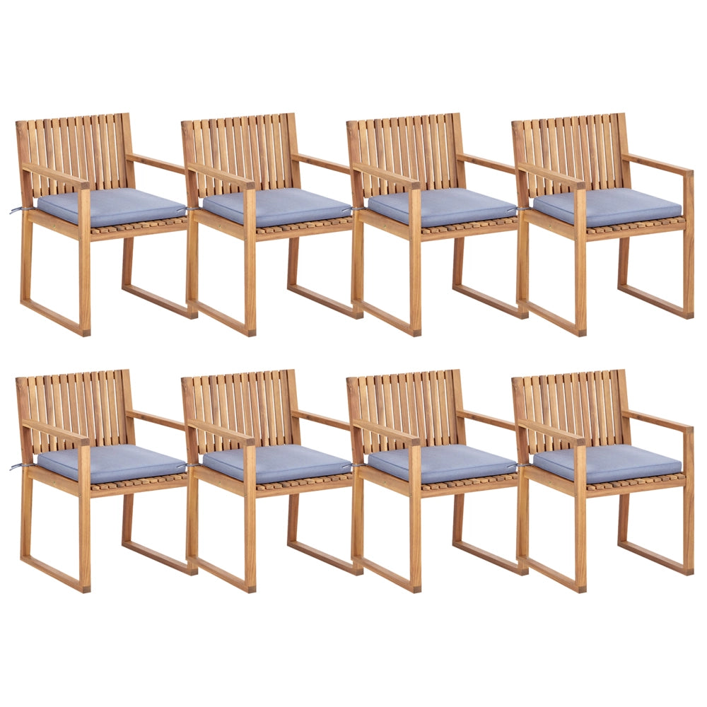 Set di 8 sedie da giardino in legno di acacia chiaro certificato con cuscini blu resistenti all'acqua