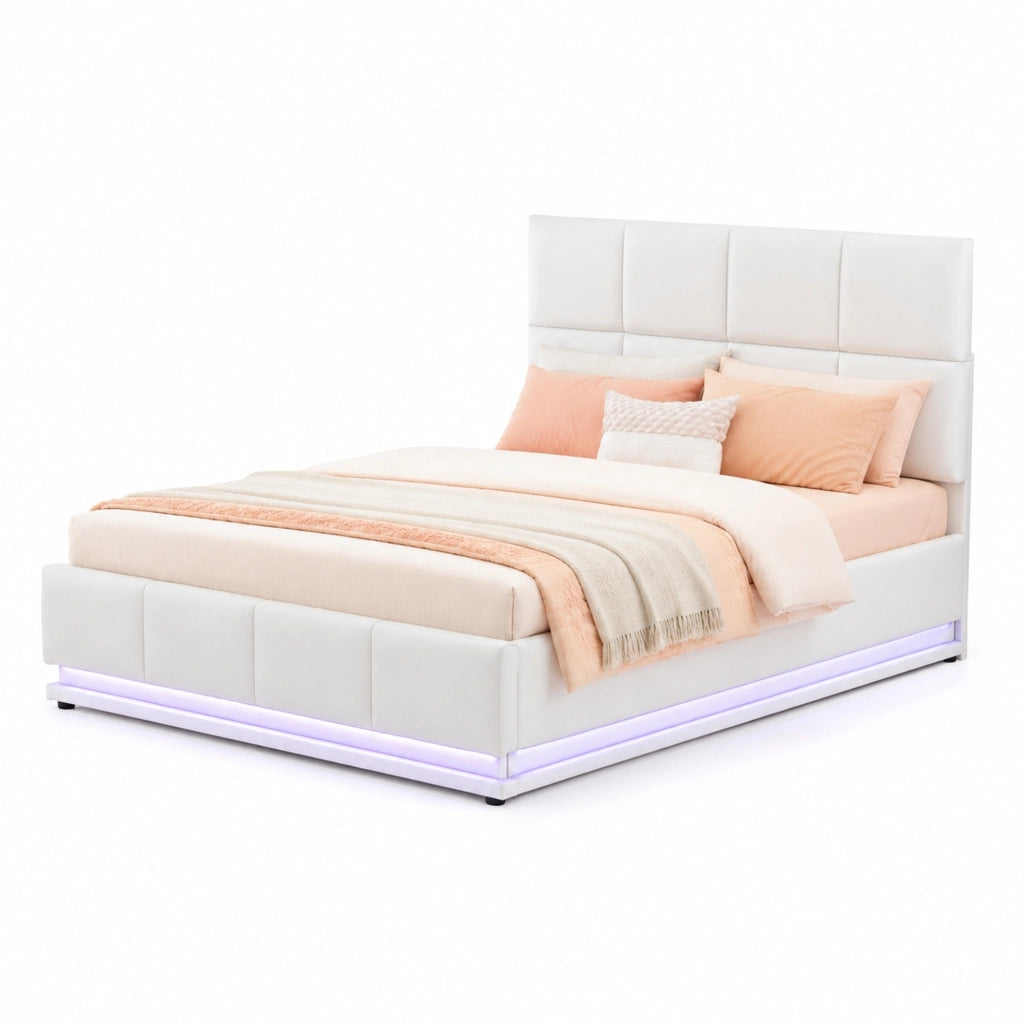 Letto matrimoniale 140x200 cm con LED; contenitore idraulico e rivestimento in similpelle bianco