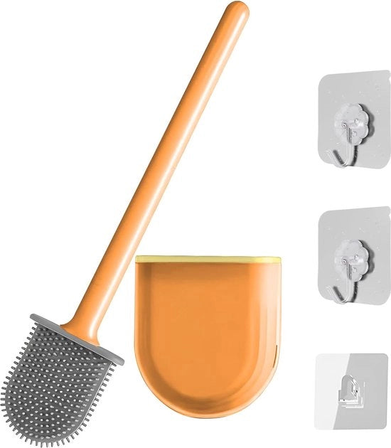 Toiletborstel in silicone per bagno, con fissaggio alla parete, senza perforazione per bagno, con gancio (arancione)