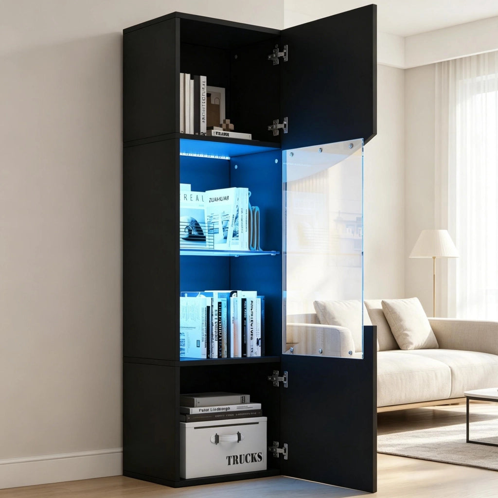 Vetrina ULEVR 35x50x165 cm con 4 ripiani, LED USB e vetro temperato, nero lucido